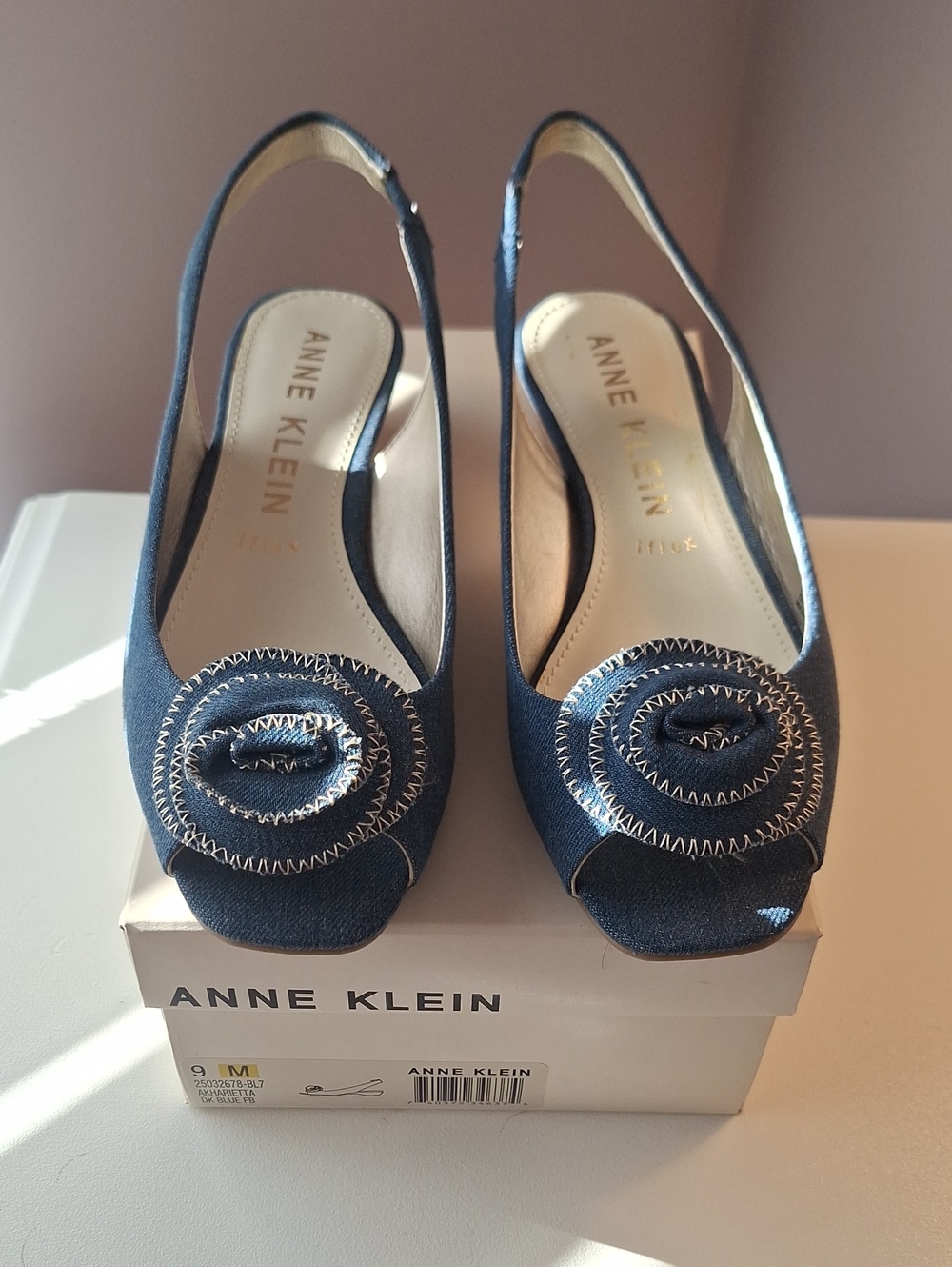 Anne Klein Denim Blue Peep-Toe Slingback Wedges with Rosette